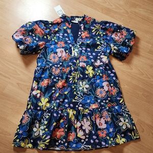 NWT THML Blue Floral Babydoll Mini Dress Bubble Puff Short Sleeve Size Large